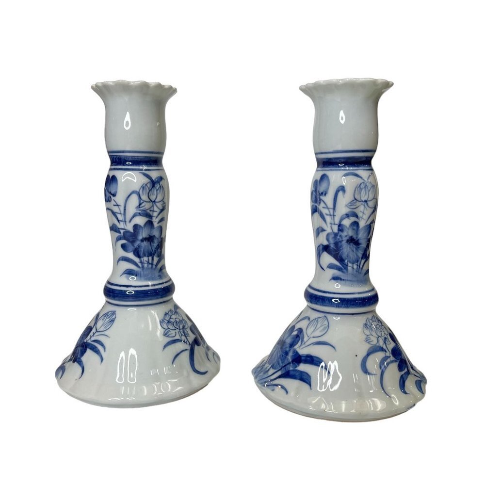 Two Thai Blue and White Floral Hand Painted Stoneware Candle Stick Holders Vtg - Picture 2 of 8